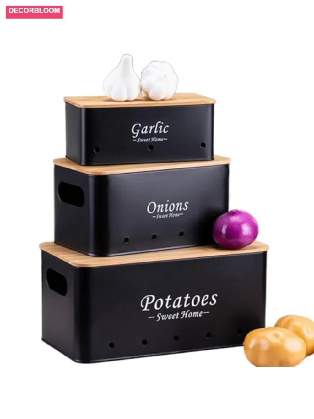 Set of 3 Powder-Coated Galvanized Steel Vegetable Storage Tins with Handles